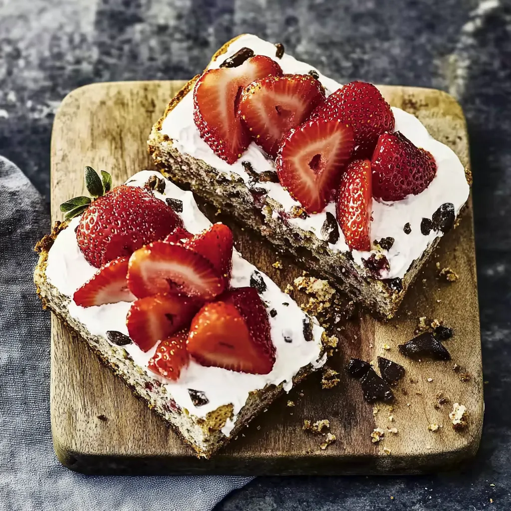 Zwei Stücke von Strawberry Cake mit Strawberries und Schokolade auf einem Holzblock.