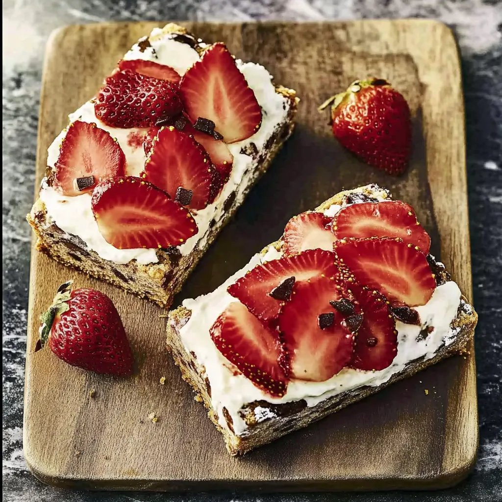 Eine Platte mit zwei Stückchen Strawberry-Cake, die mit Strawberries und Schokolade garniert sind.