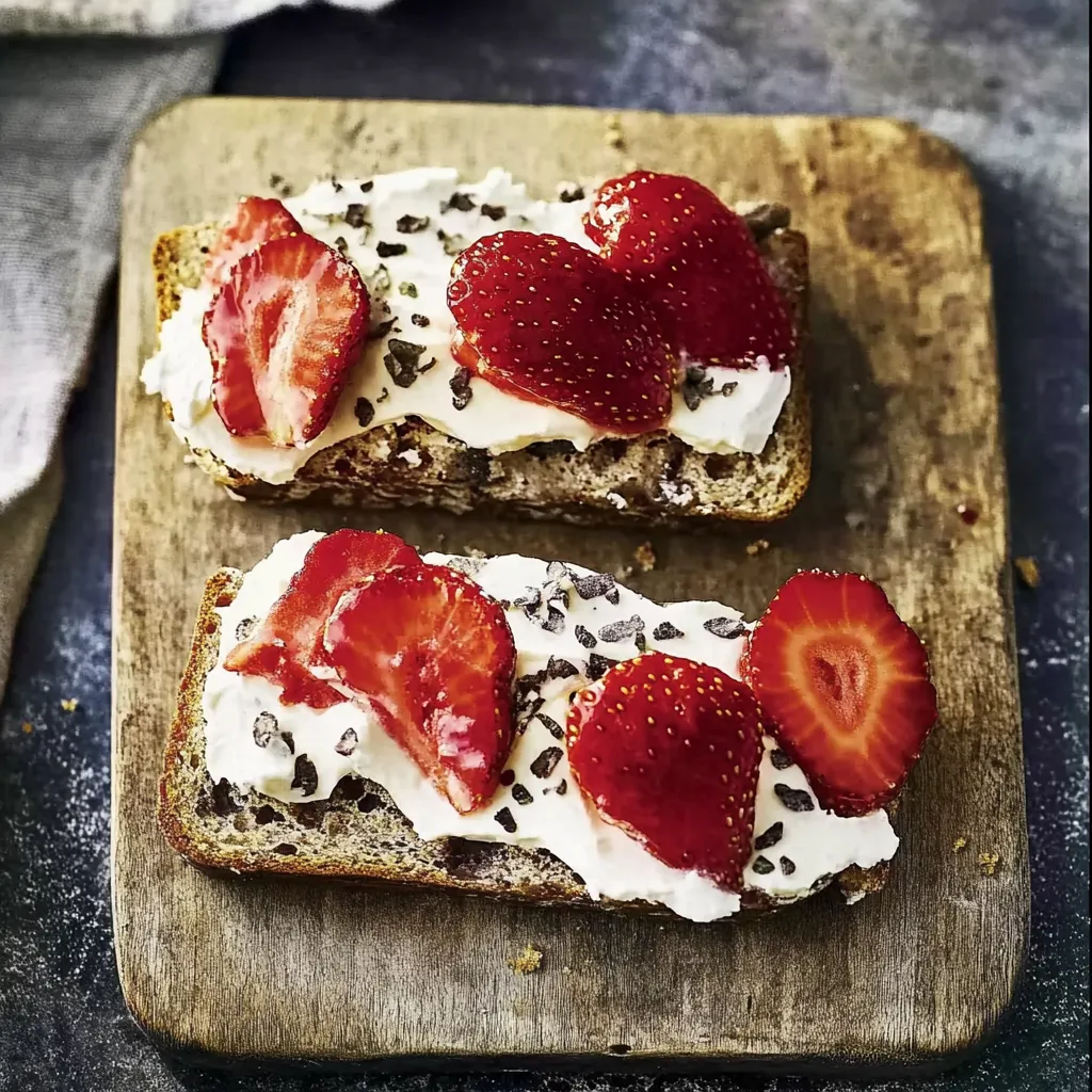 Zwei Toast mit Strawberries und Cream auf einem Brett.