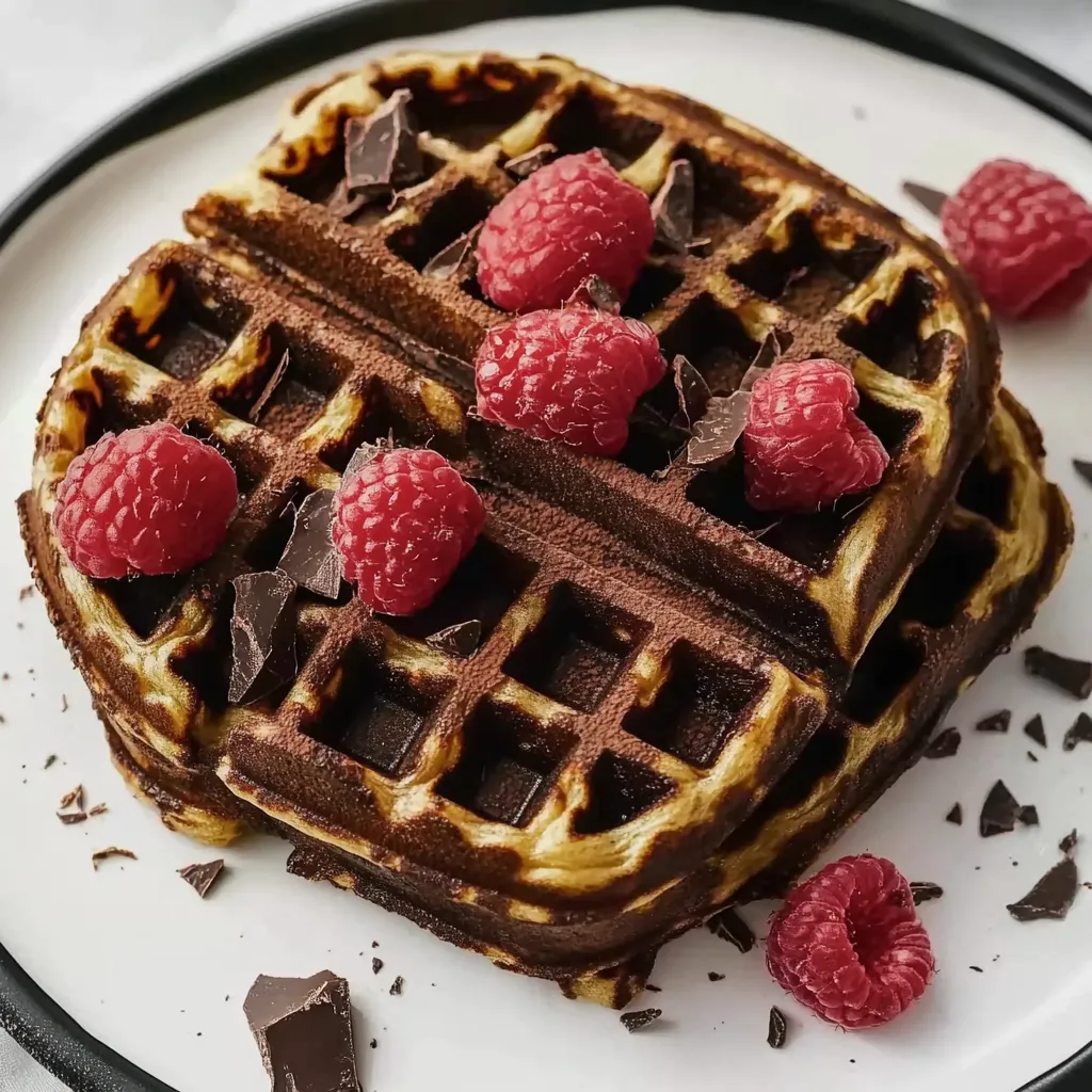 Eine Platte mit Waffeln, die mit Raspberry-Süßigkeiten und Schokolade garniert sind.
