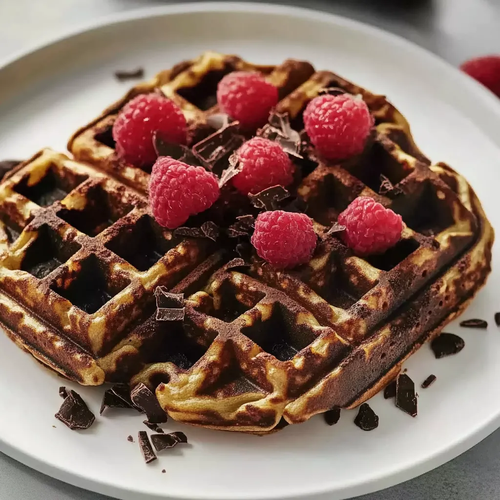 Eine Platte mit einem Waffelkuchen, der mit Raspberry-Süßigkeiten und Schokolade garniert ist.