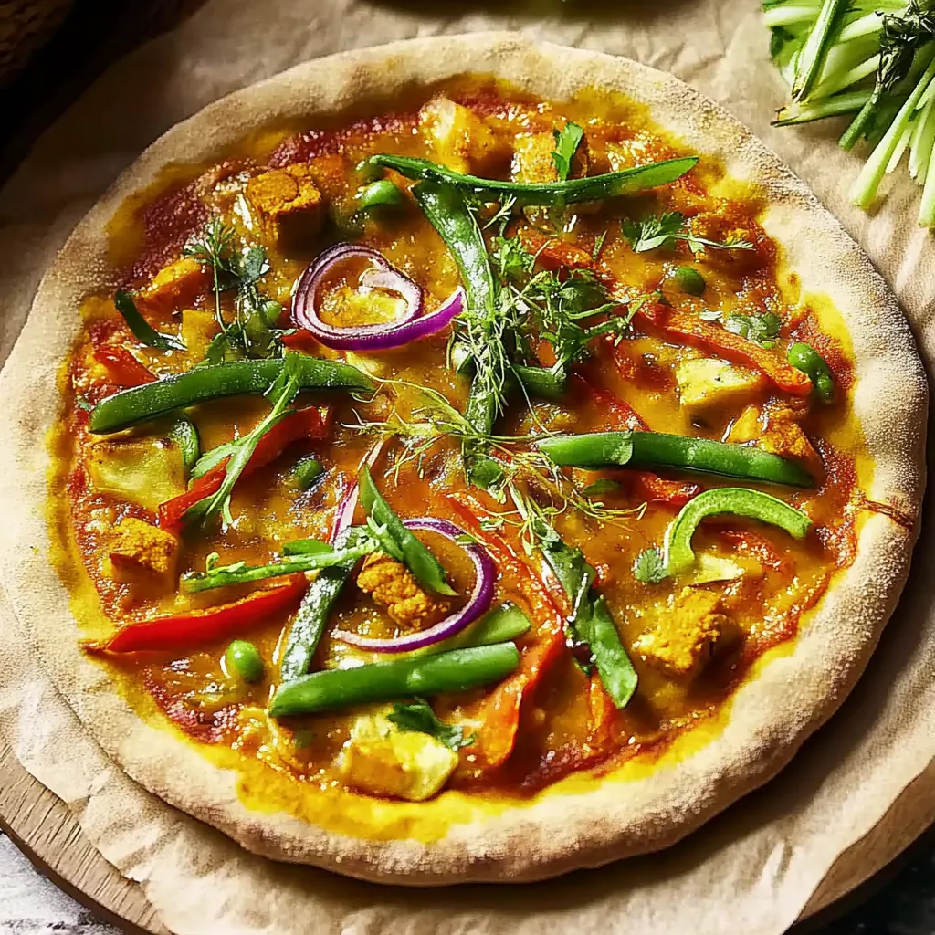 Eine pizza mit verschiedenen Zutaten wie Zwiebeln, Tomaten, Paprika, Koriander und Garnelen auf einem Teller.