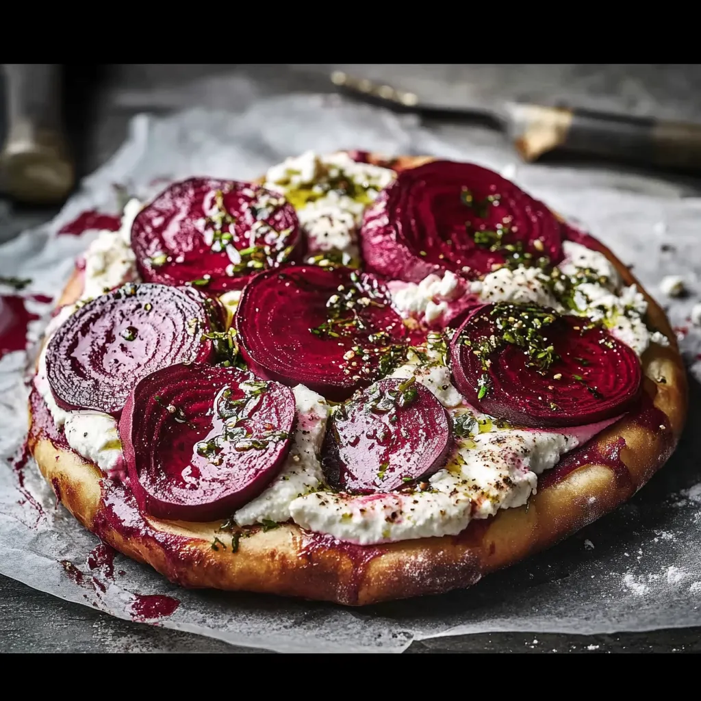Eine Beetroot-Pizza mit grünen Zutaten auf einem Teller.