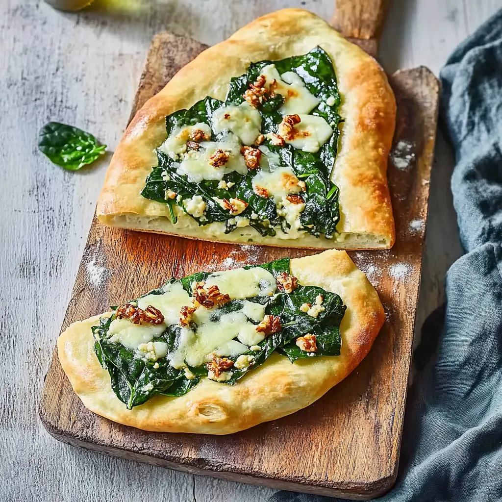 Zwei Scheiben Pizza mit Spinat und Walnuss.