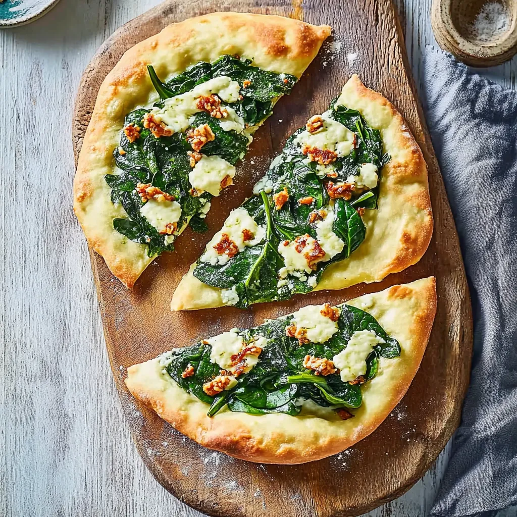 Eine halbe Pizza mit Spinat und Käse auf einem Brett.