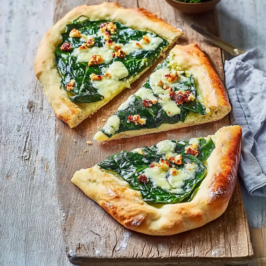 Ein Stück Pizza mit Spinat auf einem Brett.
