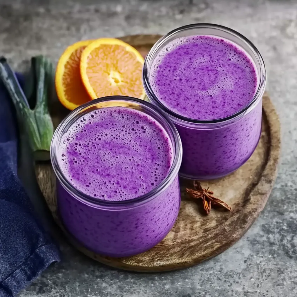 Zwei gläserne Becher mit Purpur-Likör, der mit Orangensaft gemischt ist, auf einem Holzbrett.
