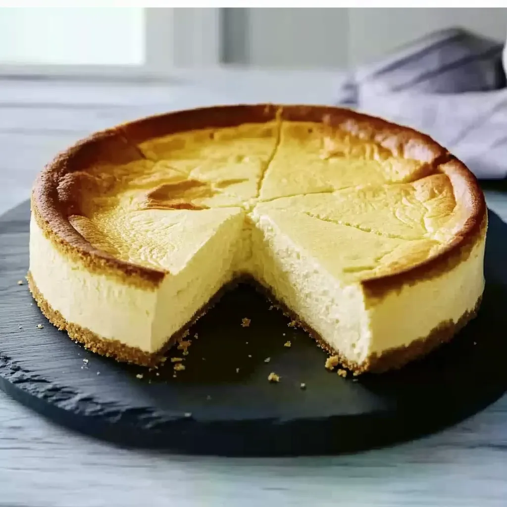 Eine süße, weiche, leicht zähe Käsekuche mit einer Schicht aus Käse und Zucker.