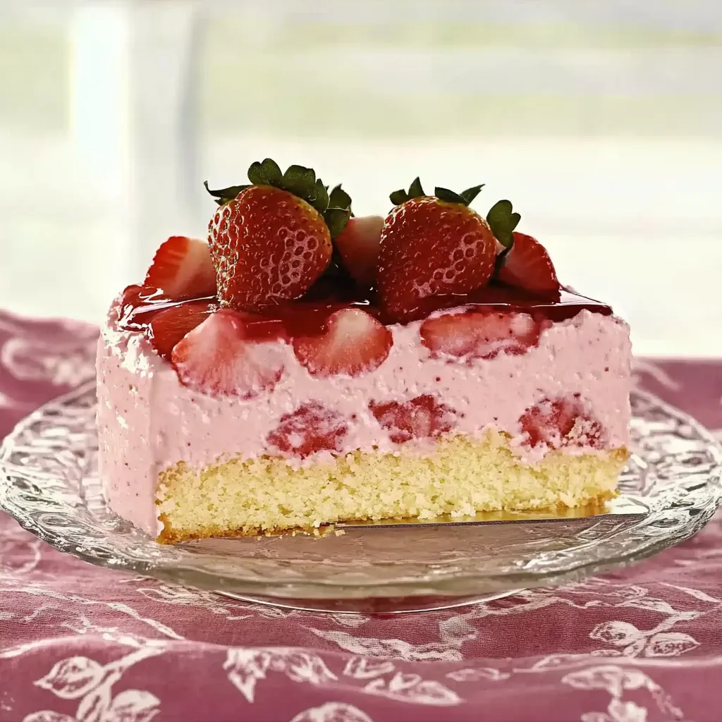 Eine Strawberry-Kuchen-Schicht mit Strawberries und Schokolade auf einem Glas-Platter.