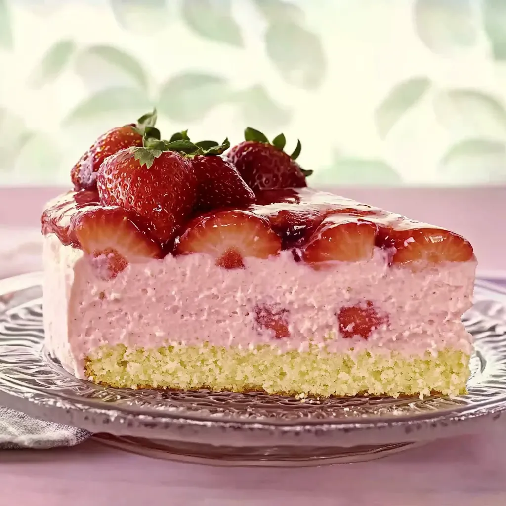 Eine Strawberry-Kuchen-Schicht mit Strawberries und einer Schicht aus Pink-Frosting.
