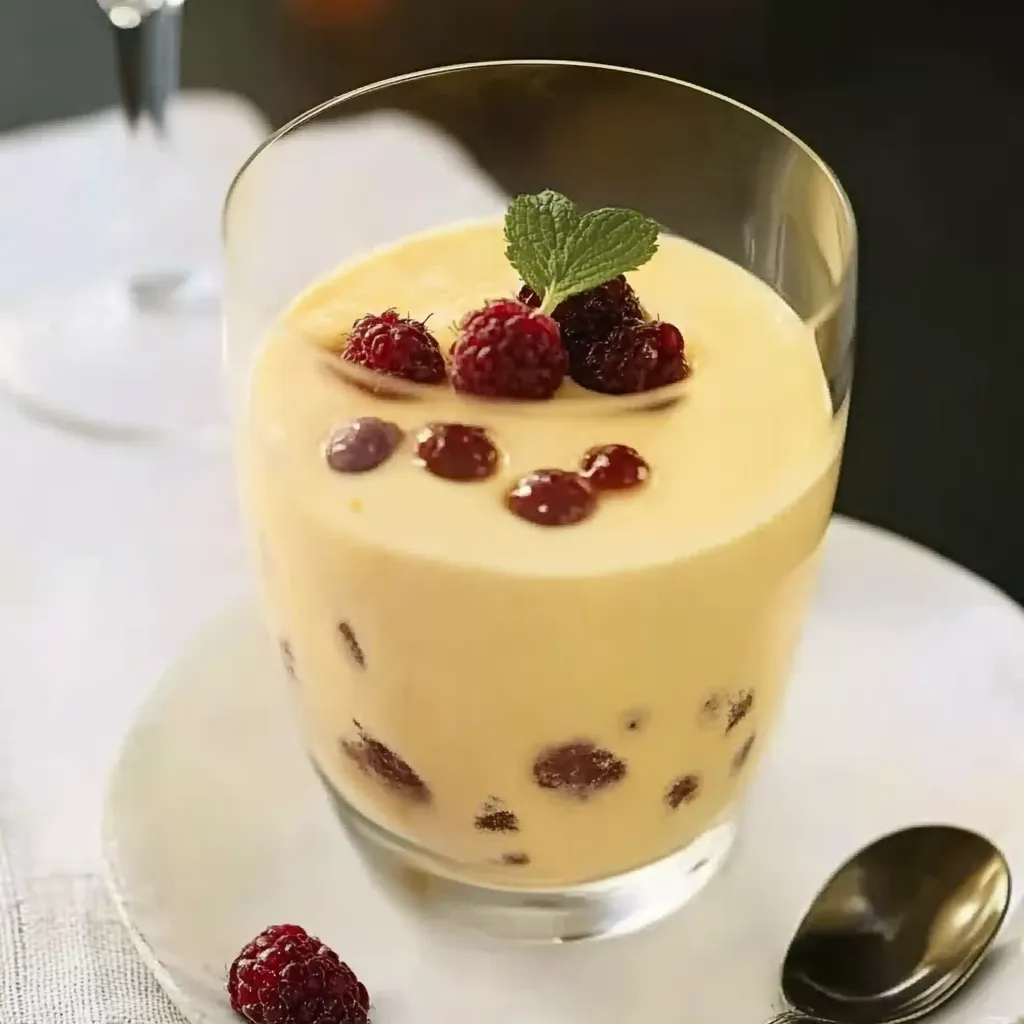 Ein Glas mit einer Raspberry-Topping und einer Schmelzkugel.