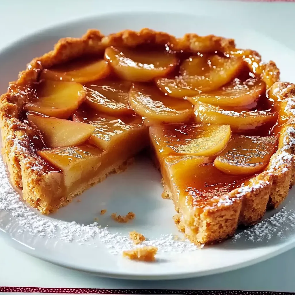 Ein Stück Apfelkuchen auf einem weißen Teller.