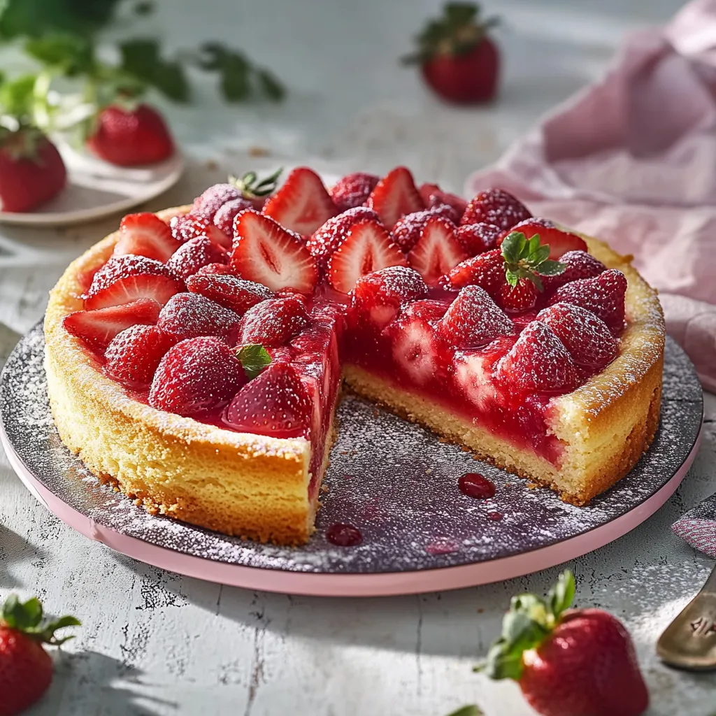 Eine Strawberry-Kuche mit Strawberries auf einem Teller.