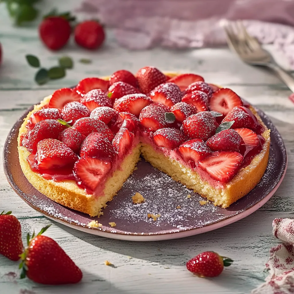 Eine Strawberry-Kuche mit Strawberries und Zitrone auf einem Teller.