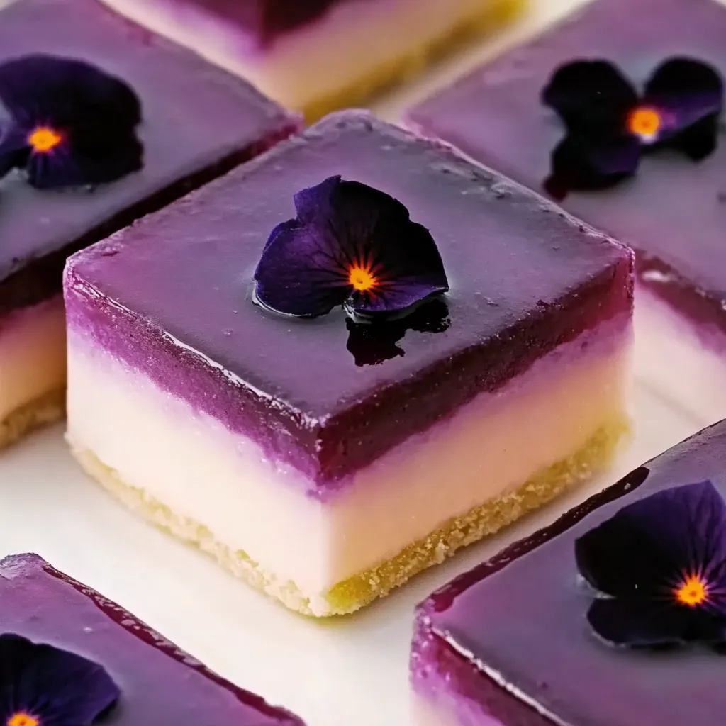 Eine Platte mit Purpur-Konfekt, der mit Purpur-Blumen besetzt ist.