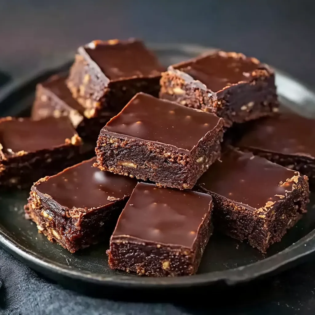Eine Platte mit Schokoladenkuchen, die in verschiedenen Größen und Formen angeordnet sind.
