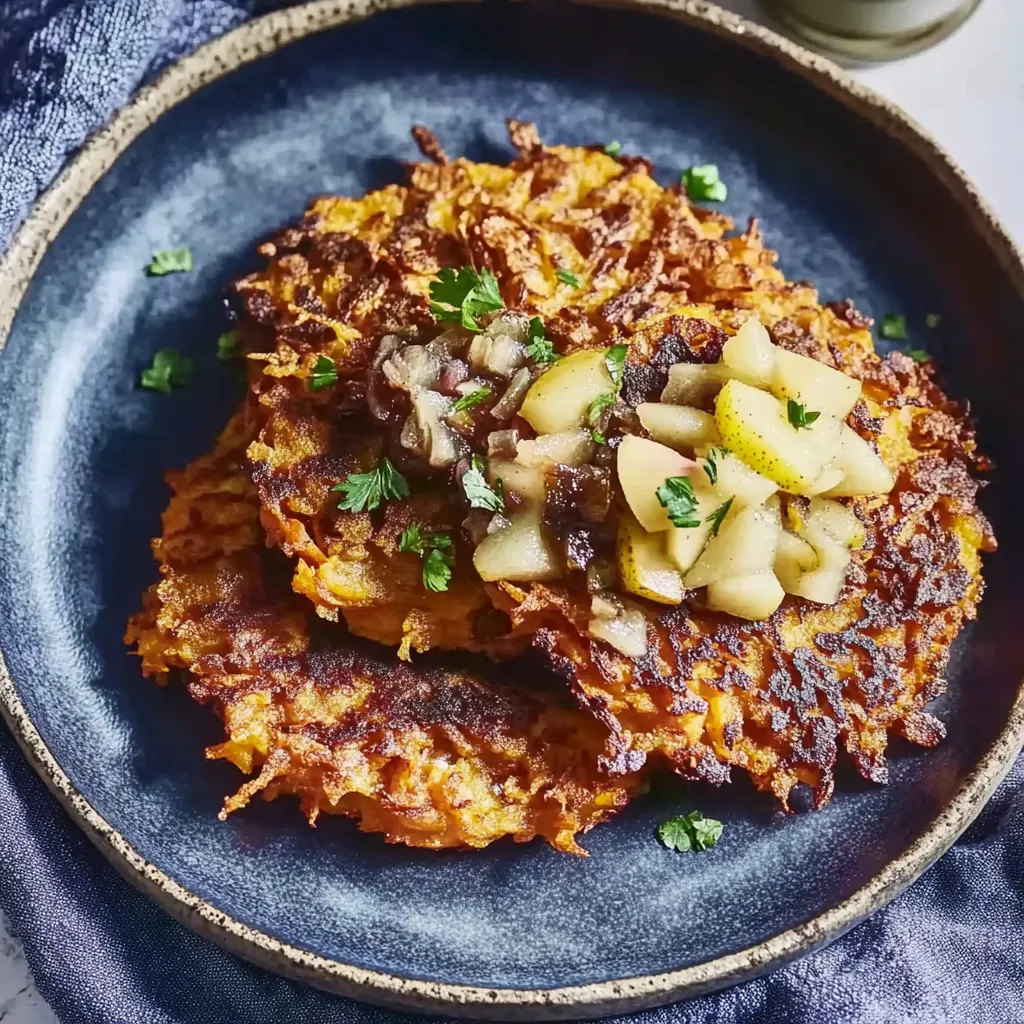 Eine Platte mit einer Pfanne mit Kartoffeln und Zwiebeln.