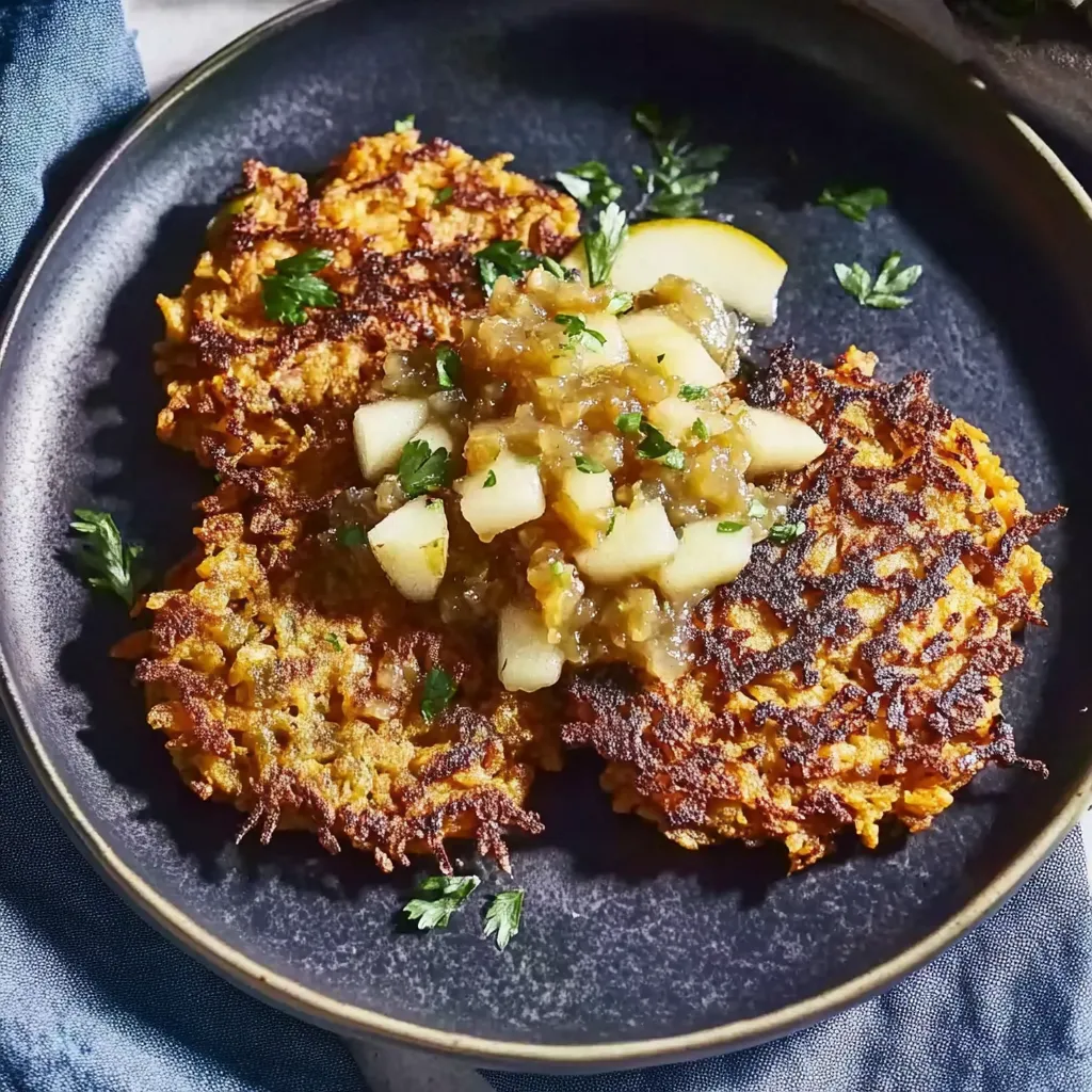 Ein Plate mit zwei Fleischkäse-Pancakes, die mit Zwiebeln und einer Sauce garniert sind.