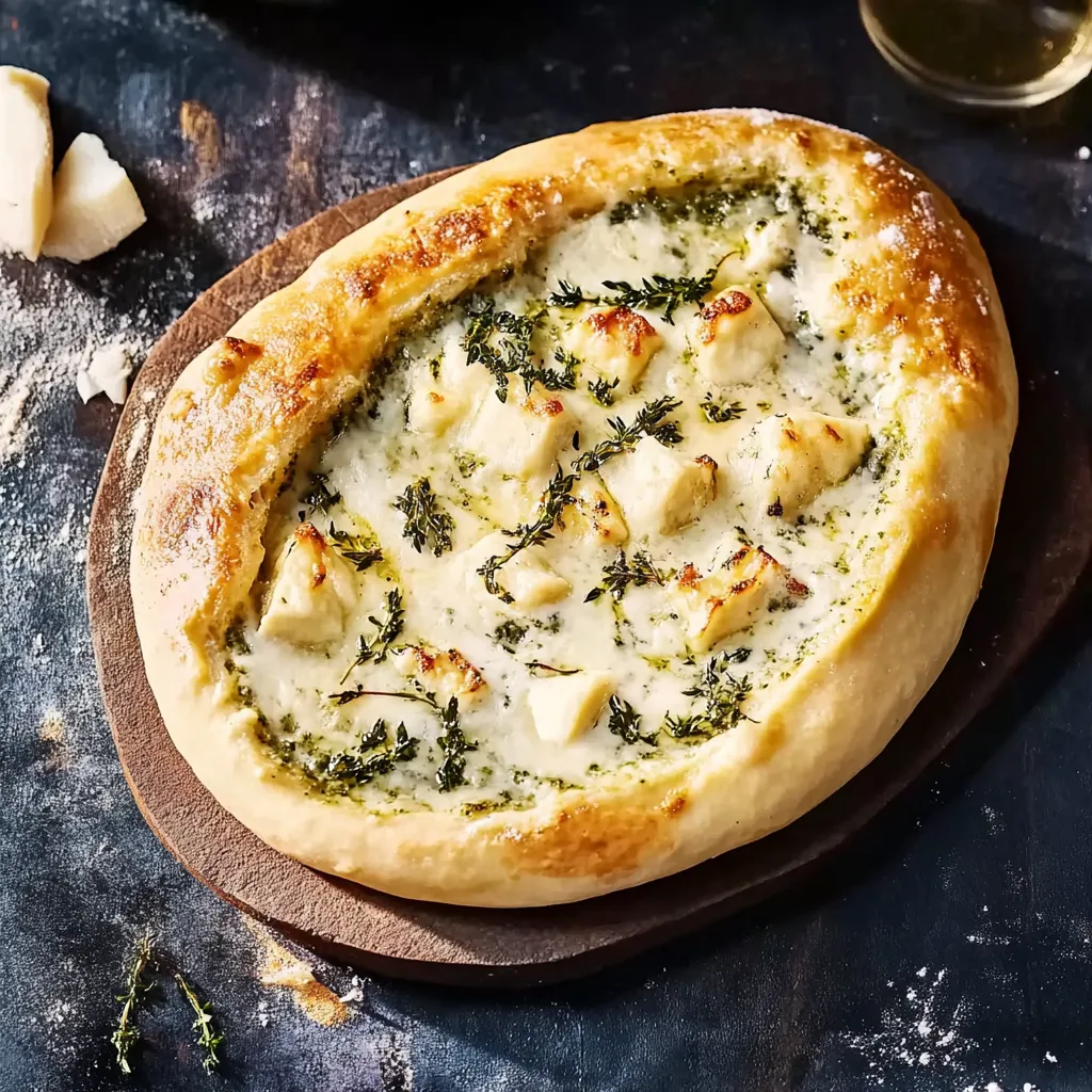 Eine pizza mit grünen Zutaten auf einem Holzblock.