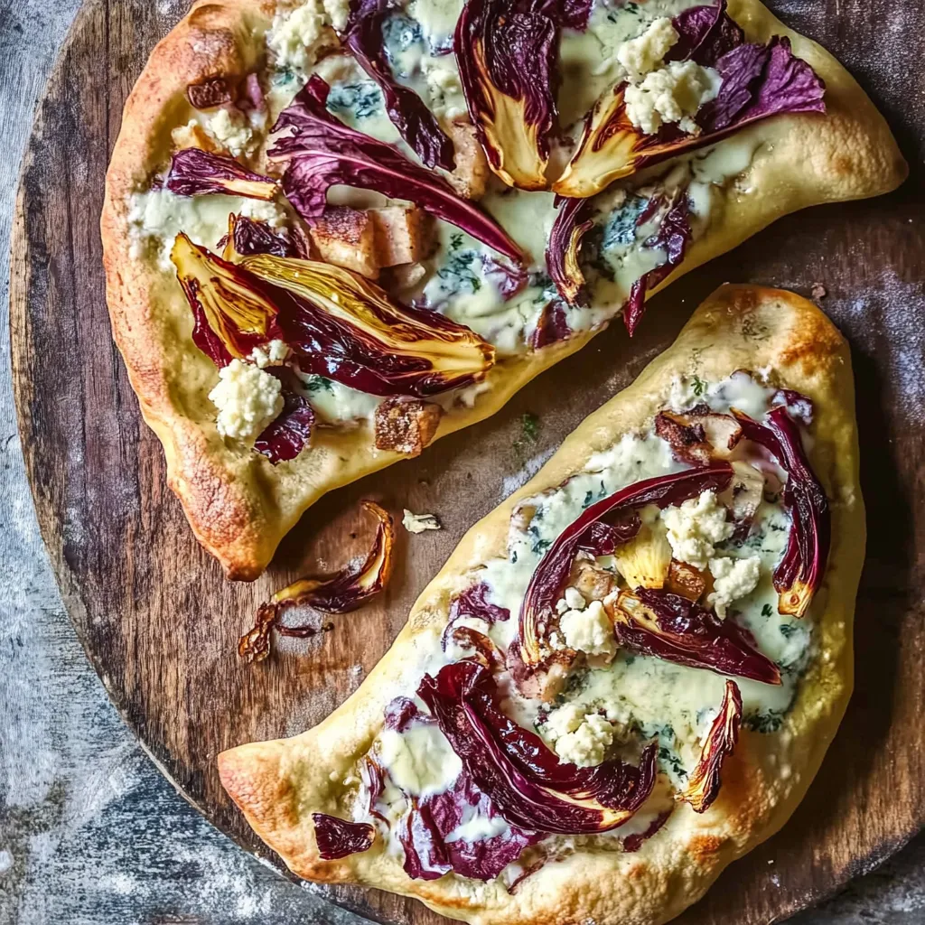 Zwei Scheiben Pizza mit Räucherlauch und Käse auf einem Brett.