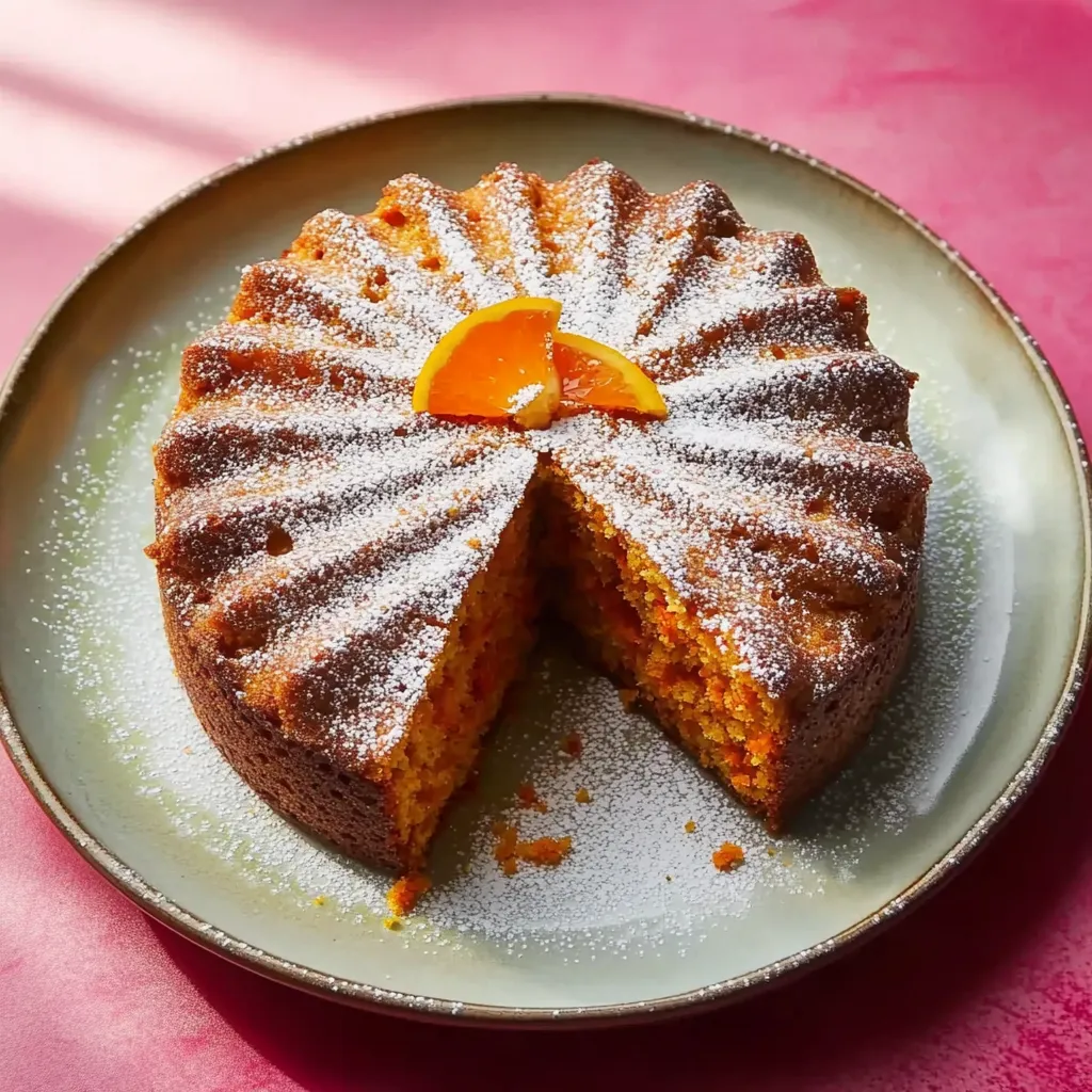 Ein Stück Kuchen mit einer Orange darin auf einem Teller.