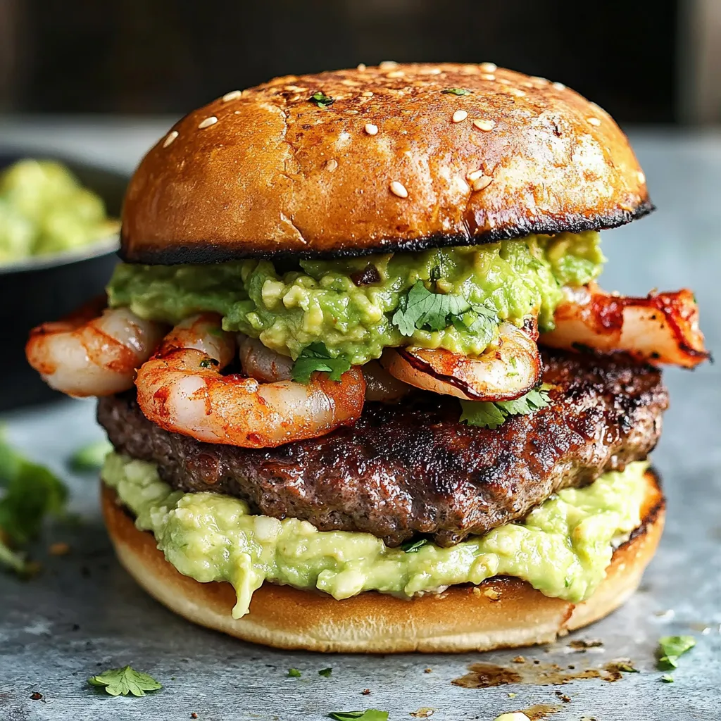 Ein großes Hamburger-Burger mit Avocado, Shrimp und Lettuce auf einem Teller.