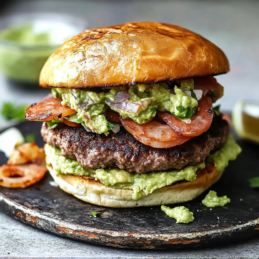 Ein großes Hamburger-Burger mit Tomaten, Avocado und Lime.