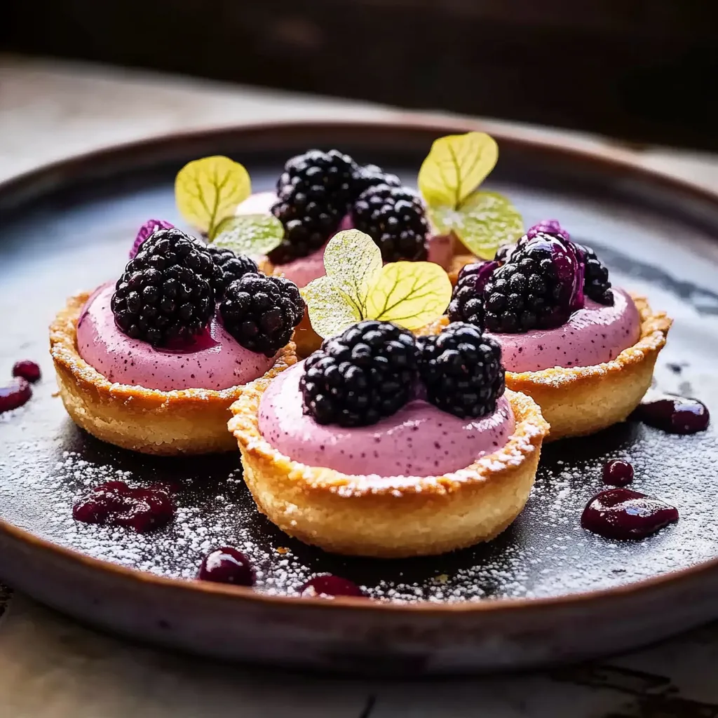 Ein Plate mit drei kleinen Tarts, die mit Blaubeeren und Zitronen garniert sind.