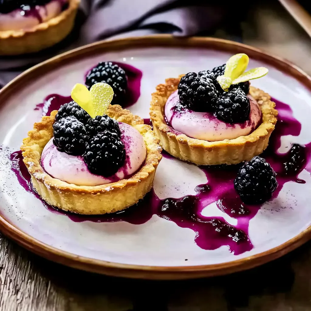 Ein Plate mit zwei Tarts, die mit Schwarzen Beeren und Vanilleeis garniert sind.