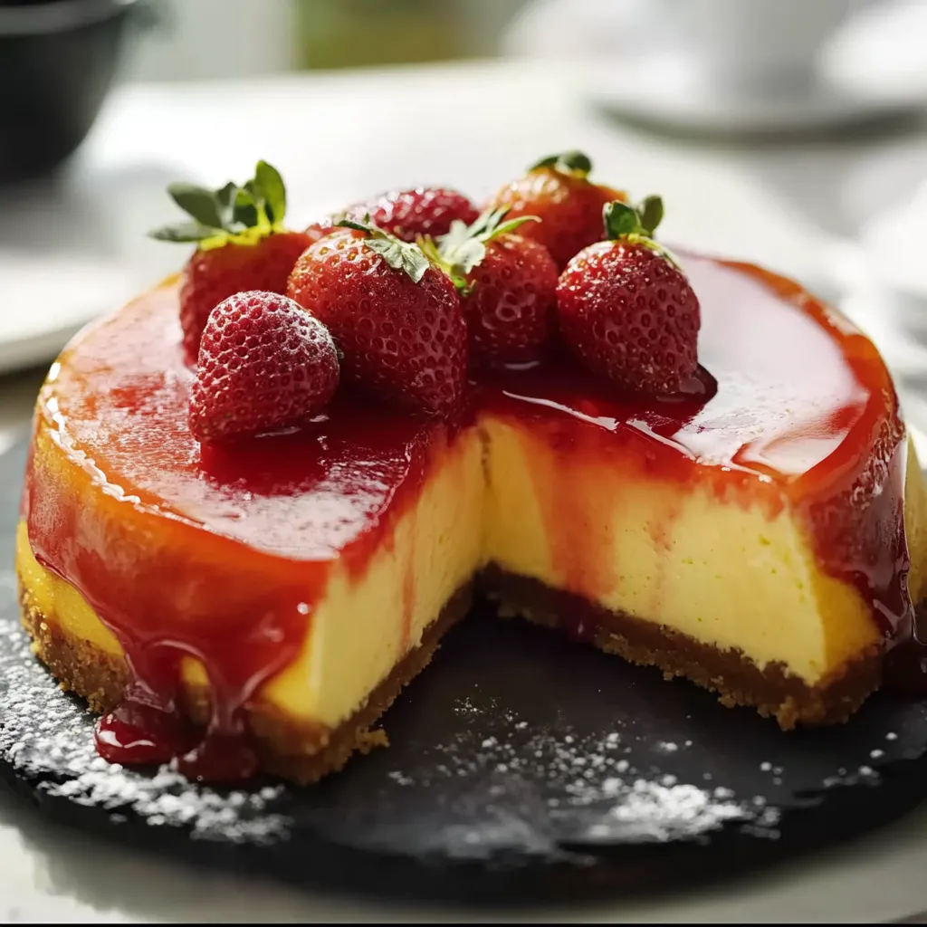 Eine Strawberry-Kuchen-Hälfte mit Strawberries und einer Schicht aus Sahne und Zucker.