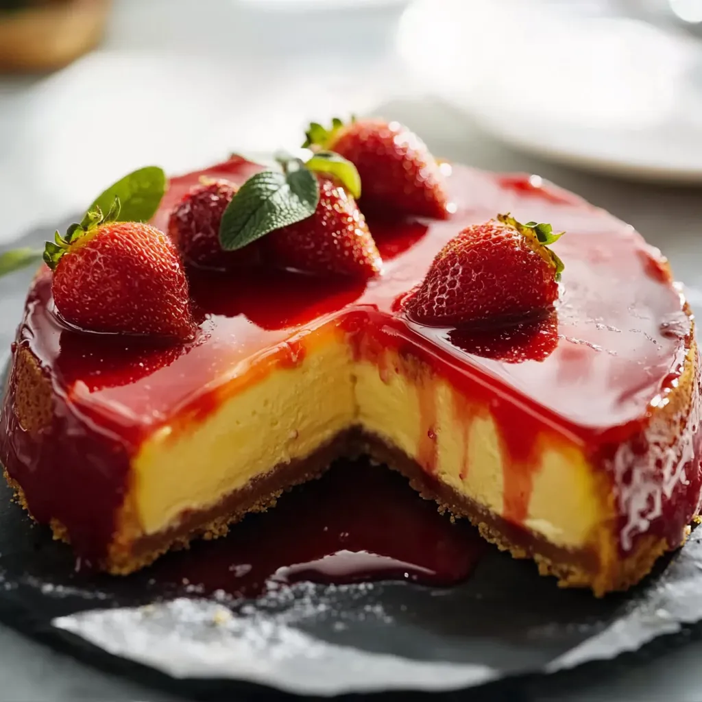 Eine Strawberry-Kuche mit Strawberries und einer Schicht aus Schokolade und Vanille.