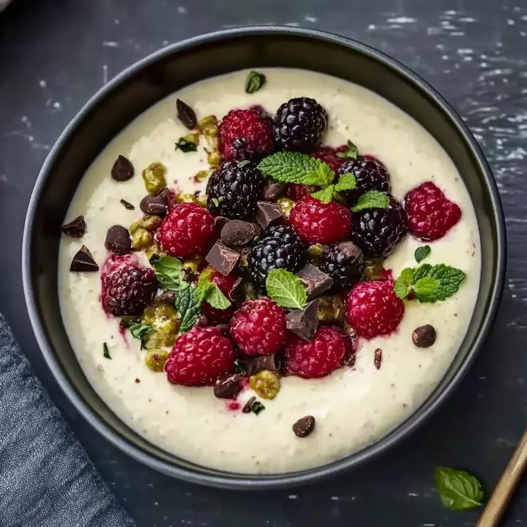 Ein Becher mit Raspberry-Chocolate-Mousse und Mint-Blattchen.
