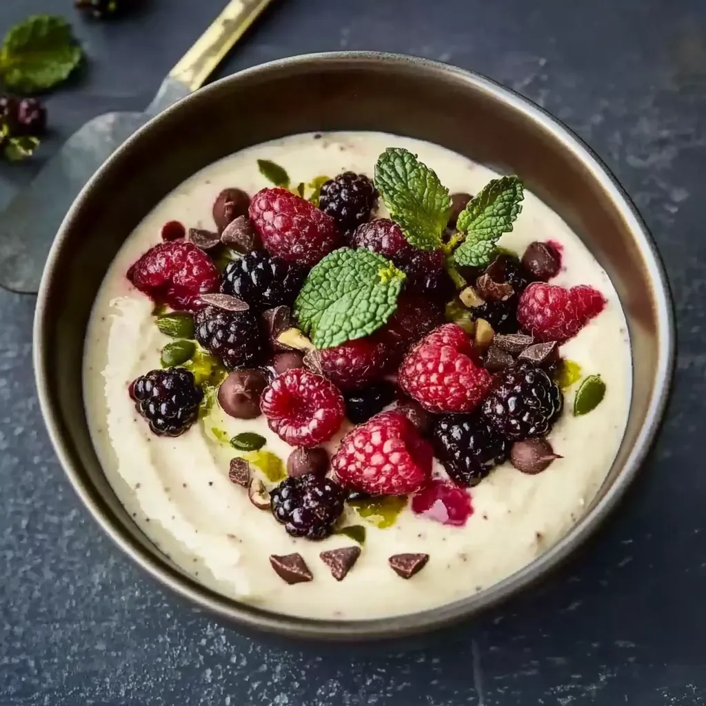 Ein Becher mit frischem Obst, darunter Raspberry, Blackberry, Mint und Chocolate.