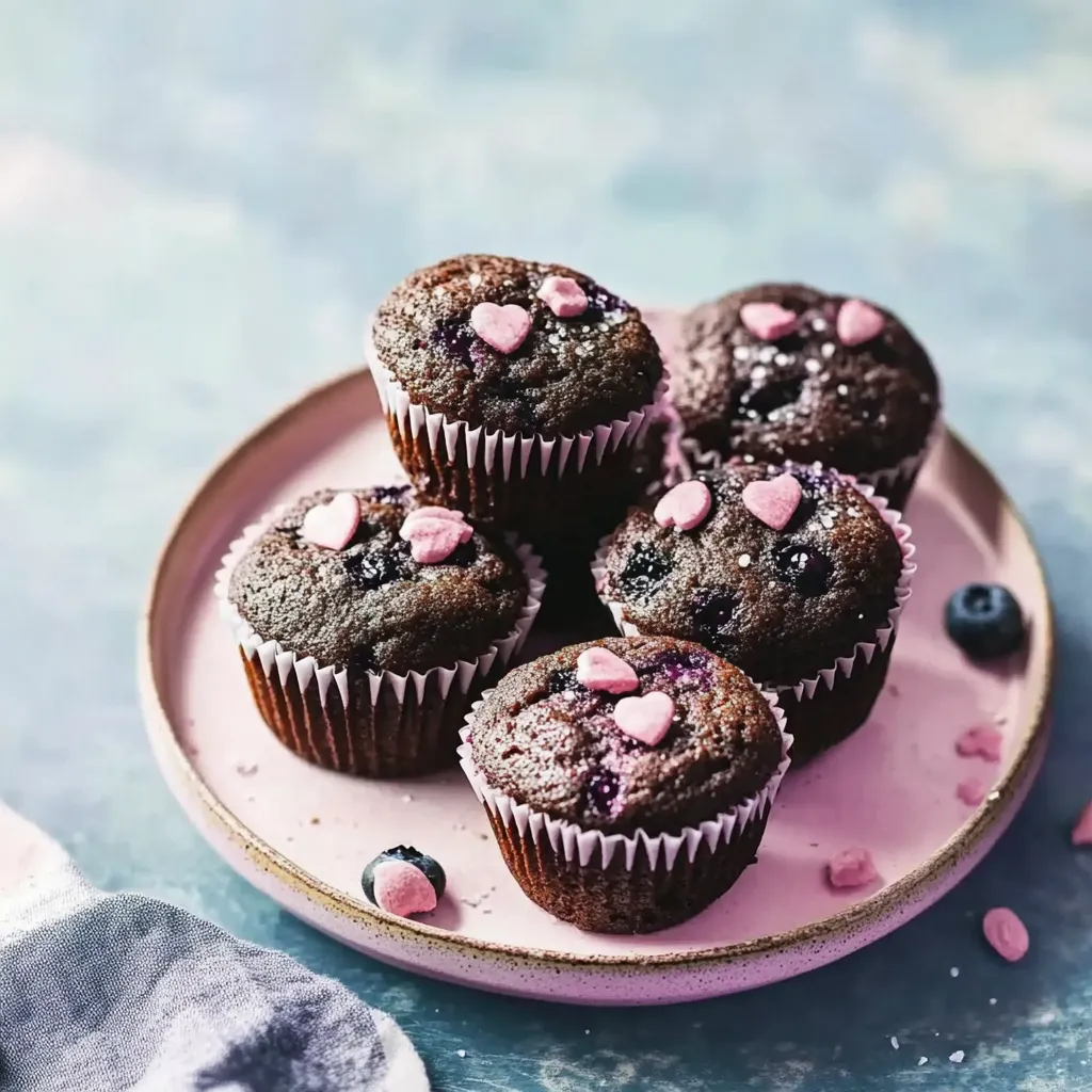 Eine Platte mit sechs muffins, die mit Pink-Hearts-Konfekt geschmückt sind.