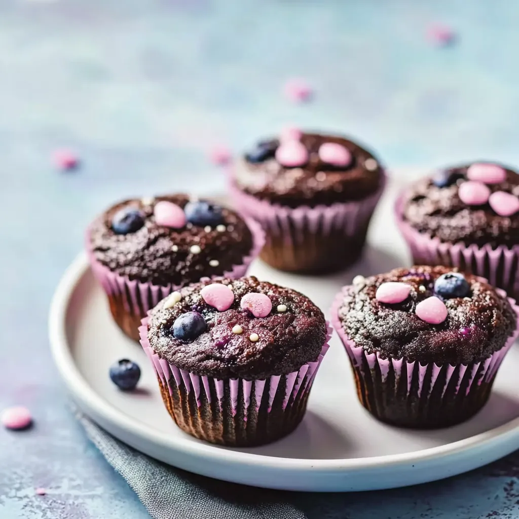 Eine Platte mit sechs prägnanten Chocolate-Muffins, die mit Pink-Sugar-Konfekt und Blaubeeren geschmückt sind.