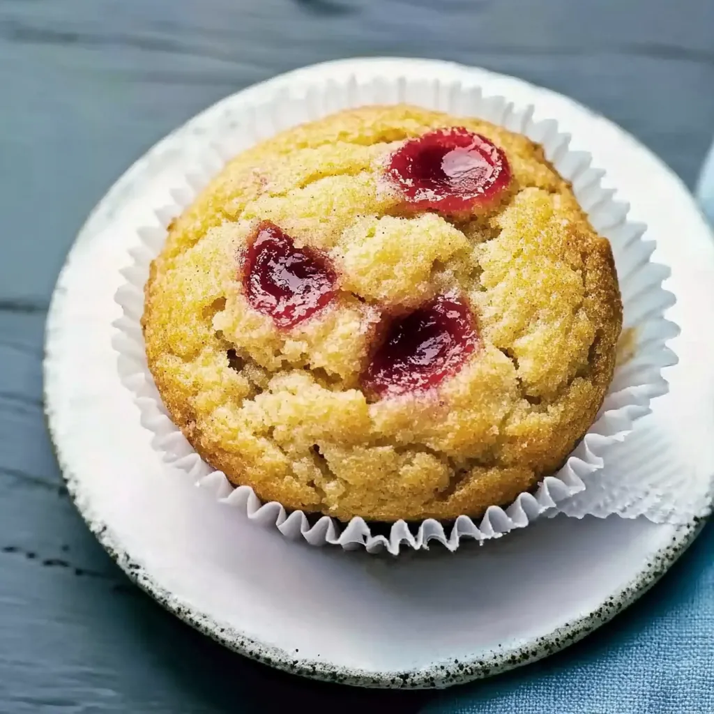 Ein weißer Teller mit einem weißen Puderbecher, auf dem ein muffin mit roten Beeren und Zucker liegen.