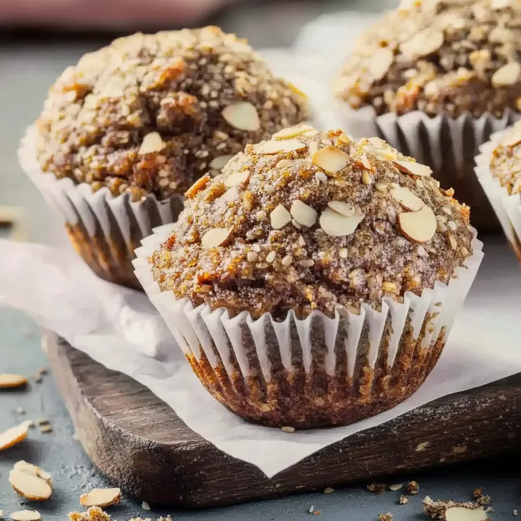 Ein weißer Becher mit einem muffin-ähnlichen Gericht, das mit Nüssen und Mandeln zubereitet wurde.