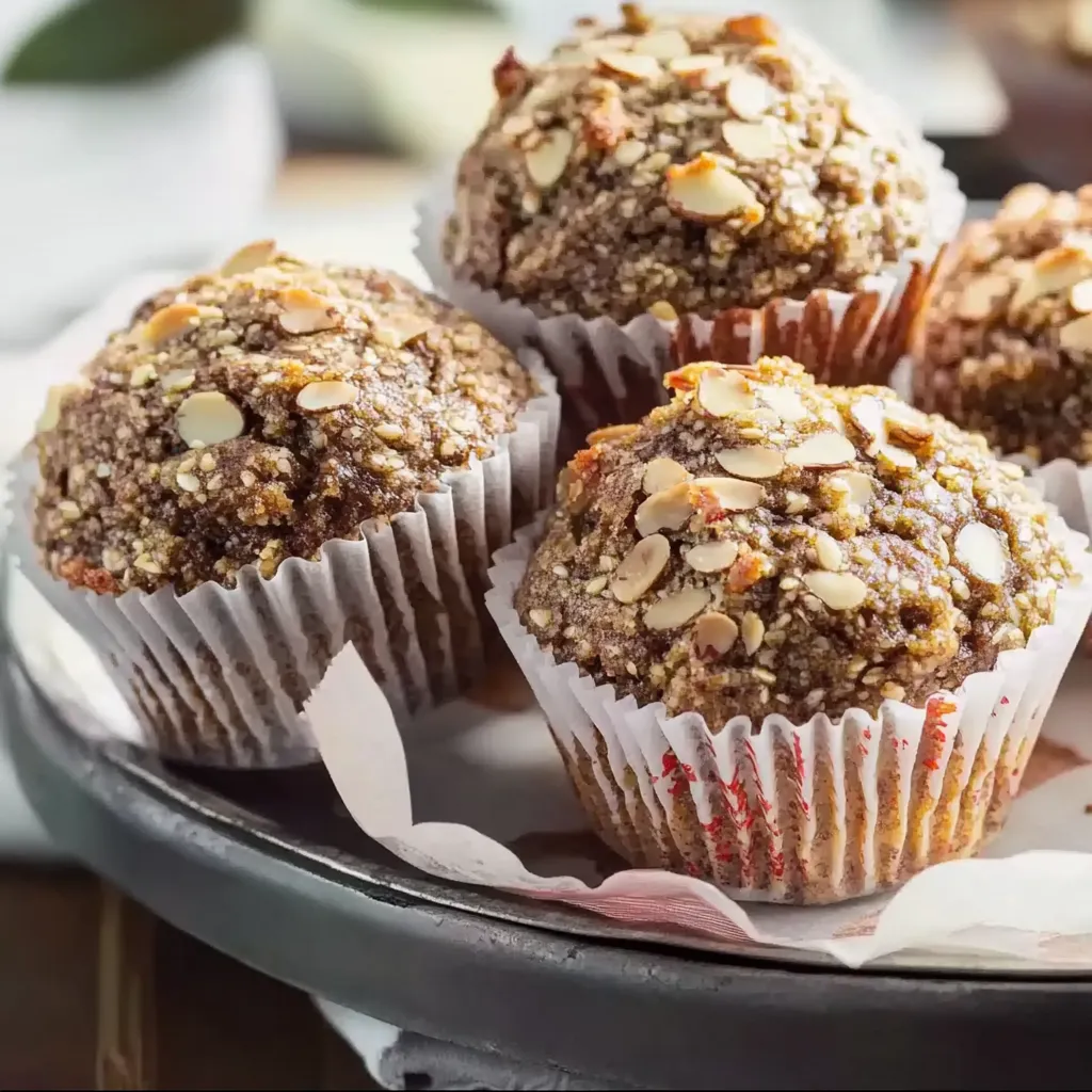 Ein Teller mit sechs Muffins, die mit Nüssen und Mandeln zubereitet sind.