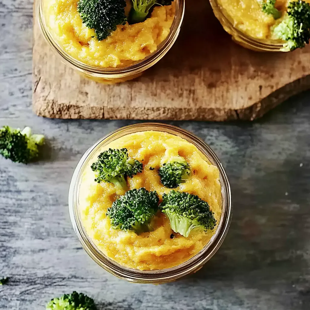 Zwei Glas mit Kartoffeln und Broccoli.