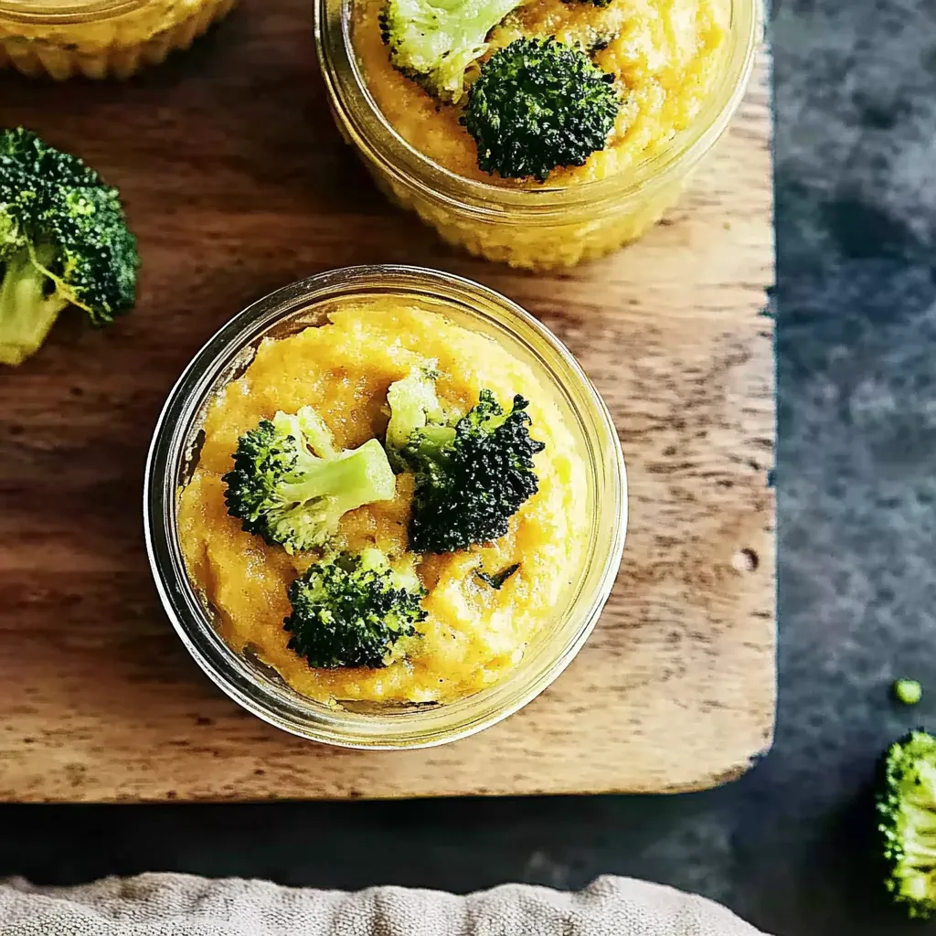 Ein Glas mit einer Mischung aus Kartoffeln, Broccoli und Kokosmilch auf einem Tisch.