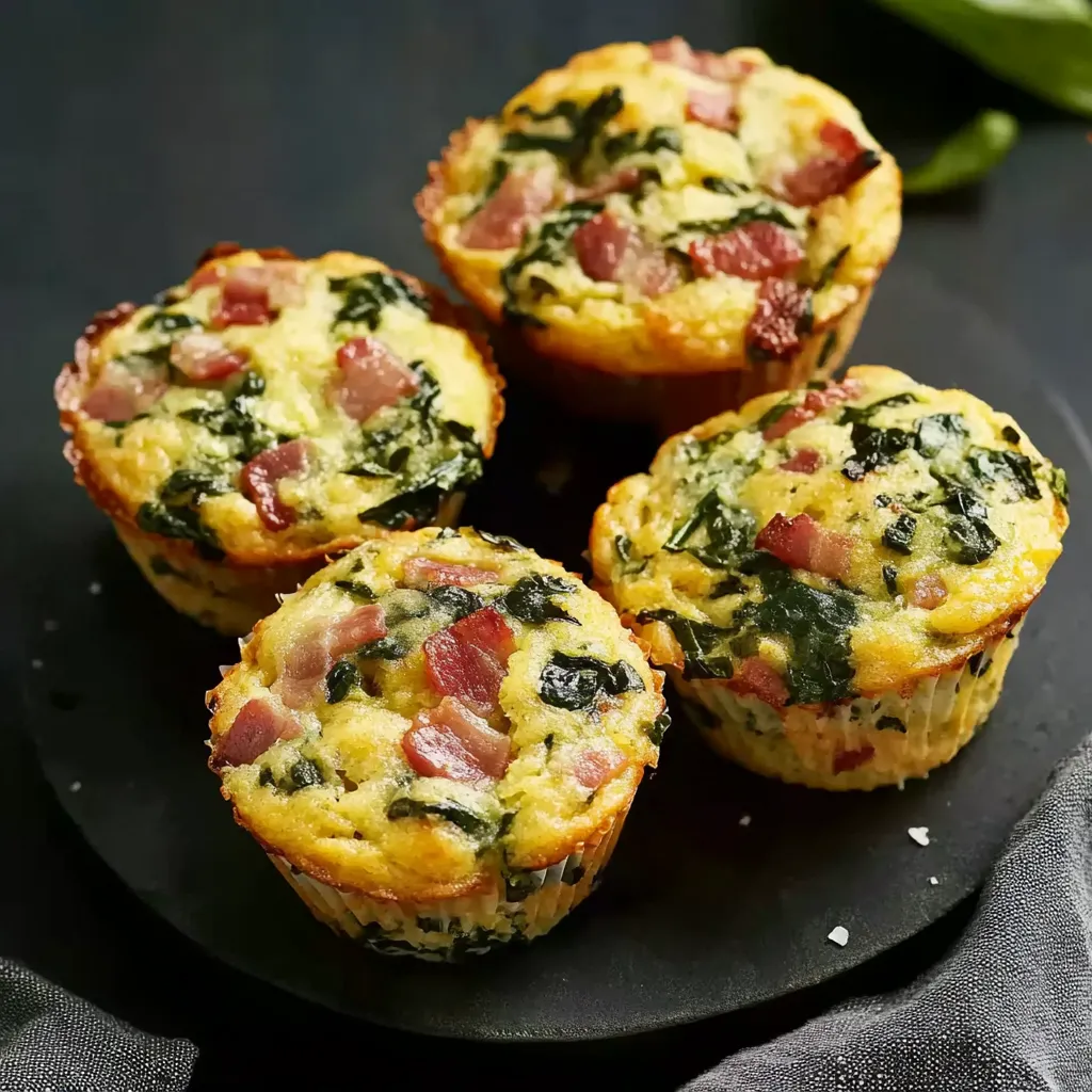 Ein schwarzes Plateau mit vier Muffins, die mit Spinat und Bacon gefüllt sind.