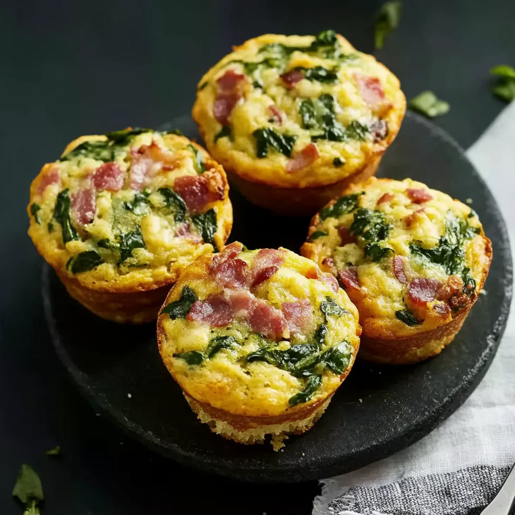 Ein Platter mit sechs Muffins, die mit Spinat und Bacon gefüllt sind.