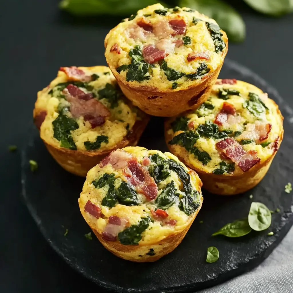 Ein paar Bacon-Muffins mit grünen Zutaten auf einem Tisch.