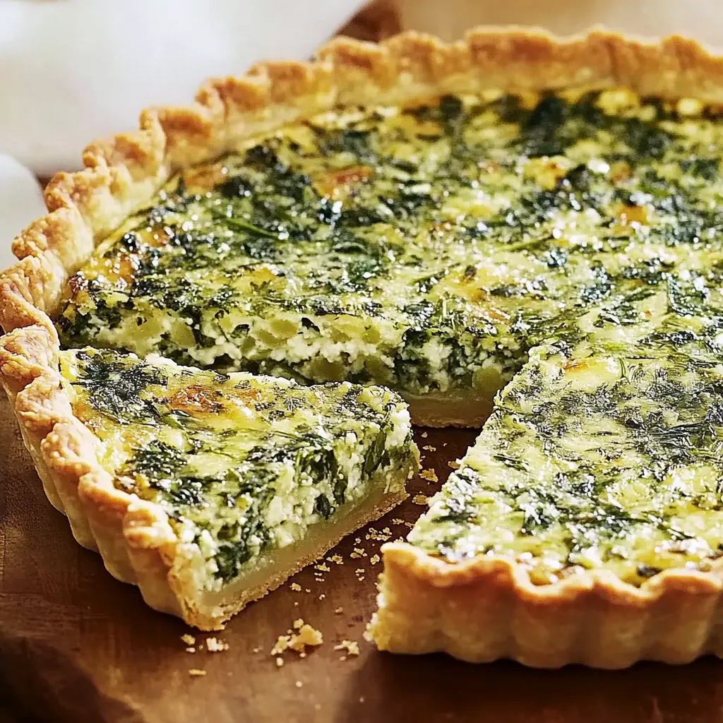 Ein Stück Quiche mit grünen Zutaten auf einem Tisch.