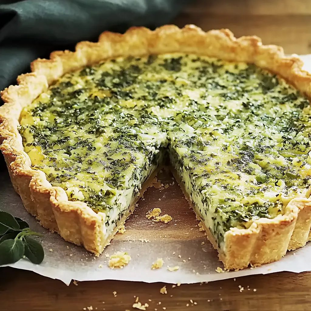 Ein Stück Käsekuchen mit einer Schicht von Spinat.