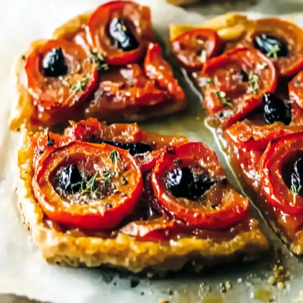 Ein Stück Toast mit Tomaten und Oliven auf einem Teller.