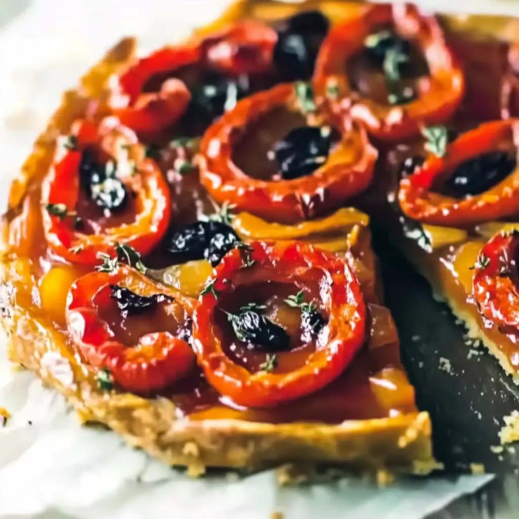 Ein Stück Kuchen mit Tomaten und Oliven auf einem Teller.
