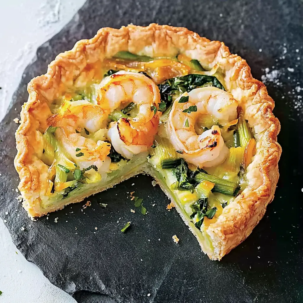 Ein Schokoladenkuchen mit Shrimp und Zwiebeln auf einem Tisch.