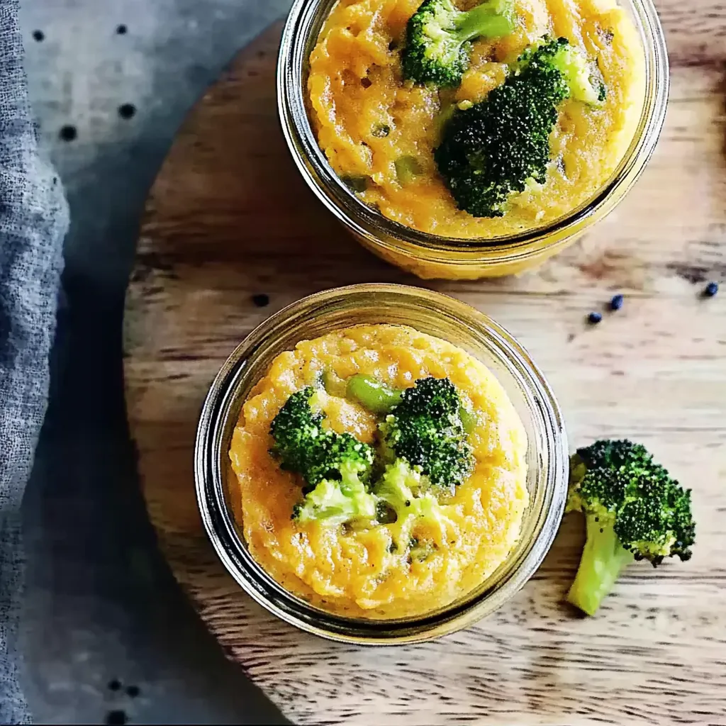 Zwei Glas mit Kartoffeln und Broccoli auf einem Tisch.
