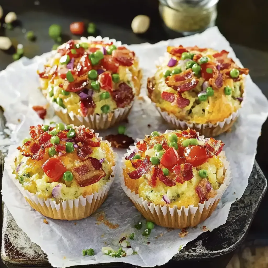 Ein weißes Papiertuch mit drei Bacon-Muffins darauf.
